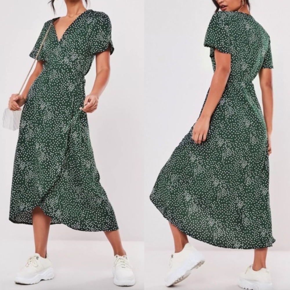 Green and white polka dot midi wrap dress